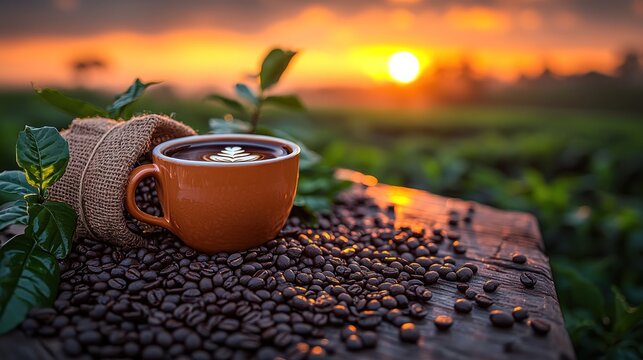 Coffee cup on a table, with sunset, beans, and foliage, for ads, blogs.