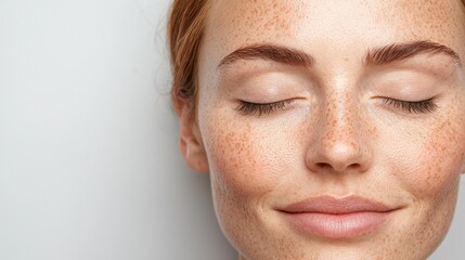 Fototapeta premium A woman with freckles on her face with her eyes closed