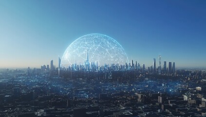 view of the city skyline, with digital connections linking buildings across the landscape. The sky is clear and blue. In front of it lies a large dome made up entirely of glowing data points
