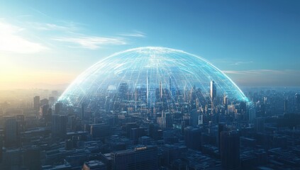 view of the city skyline, with digital connections linking buildings across the landscape. The sky is clear and blue. In front of it lies a large dome made up entirely of glowing data points
