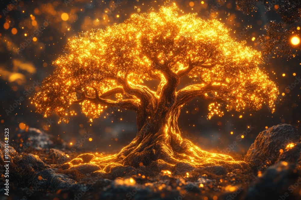 Poster illuminated tree standing alone in a grassy meadow, ideal for environmental or fantasy uses
