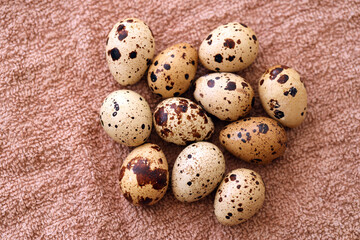 Few amount of quail eggs in small pile on brown towel background