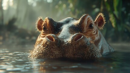 Fototapeta premium A hippopotamus swimming in the water with its mouth open