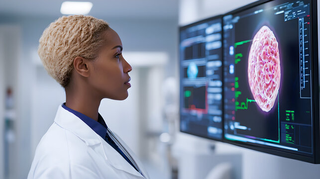 World Cancer Day oncology cure concept. A medical professional observes data on a screen in a clinical setting.