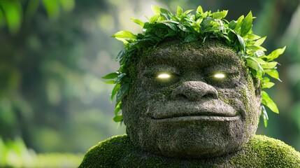 Obraz premium A moss covered statue with a wreath of leaves on his head