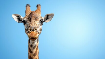 Naklejka premium A close up of a giraffe's face against a blue sky