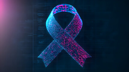 World Cancer Day oncology cure. Digital ribbon design in vibrant colors against a dark background.