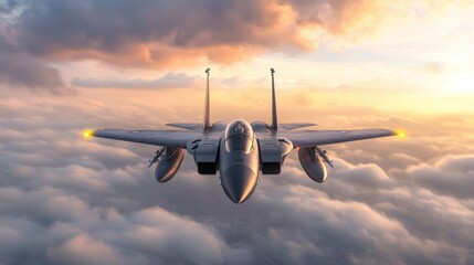 A fighter jet flying through the sky above the clouds