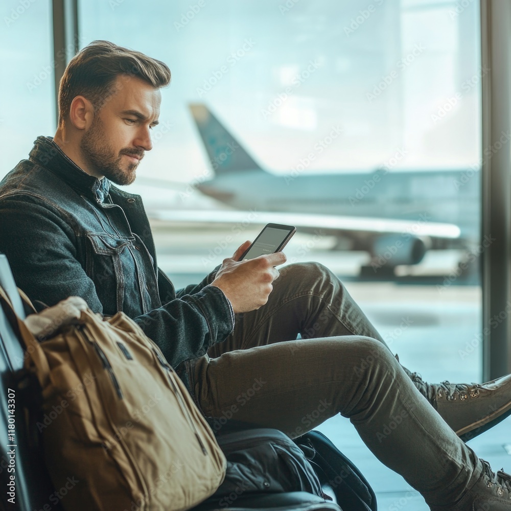 Poster a person relaxing on a bench, focused on their mobile device