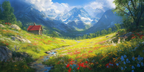 A mountain valley with a tiny house at the foot su_004
