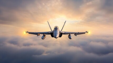 Fototapeta premium A fighter jet flying through a cloudy sky at sunset