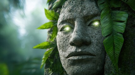 Obraz premium A stone face with green eyes in the middle of a forest