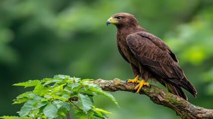 Fototapeta premium A brown bird perched on a tree branch with green leaves