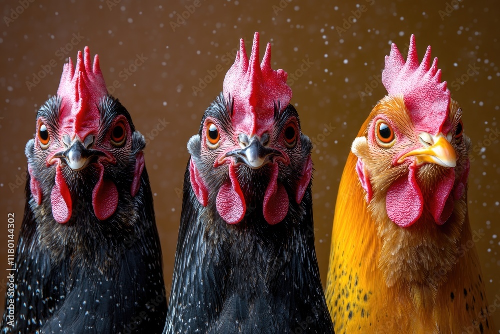 Poster a group of chickens standing next to each other, ready for action
