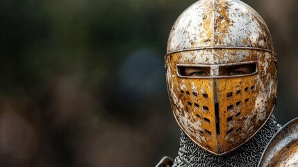 A close up of a man wearing a helmet and armor