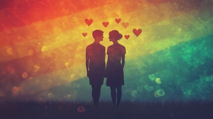 Romantic flat design illustration of an LGBTQ couple standing together with colorful hearts and a vibrant rainbow backdrop