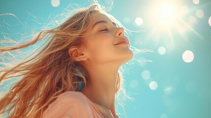 Girl looks up, hair blows, sun shines, bokeh, use for health, summer, happiness ads.