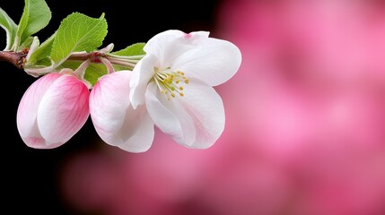 A close up of a pink and white flower on a branch