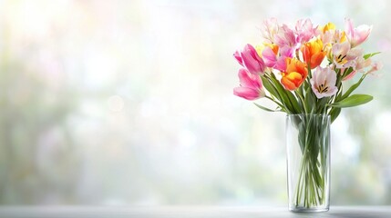 A vase filled with pink and yellow tulips sitting on a table