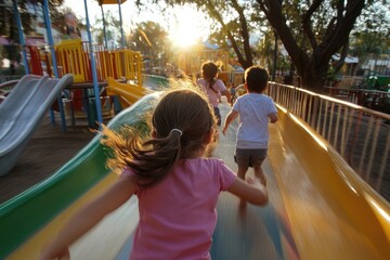 A group of children joyfully run down colorful slides at a playground, surrounded by trees and bright sunlight, capturing a moment of carefree fun in the late afternoon