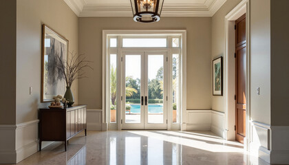 Fototapeta premium Elegant foyer with large windows overlooking a serene pool