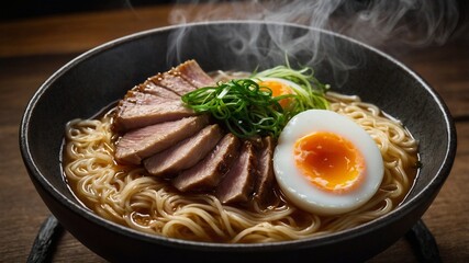 A steaming bowl of ramen, with wisps of steam rising enticingly. The ramen is topped with an onsen egg and slices of chashu pork