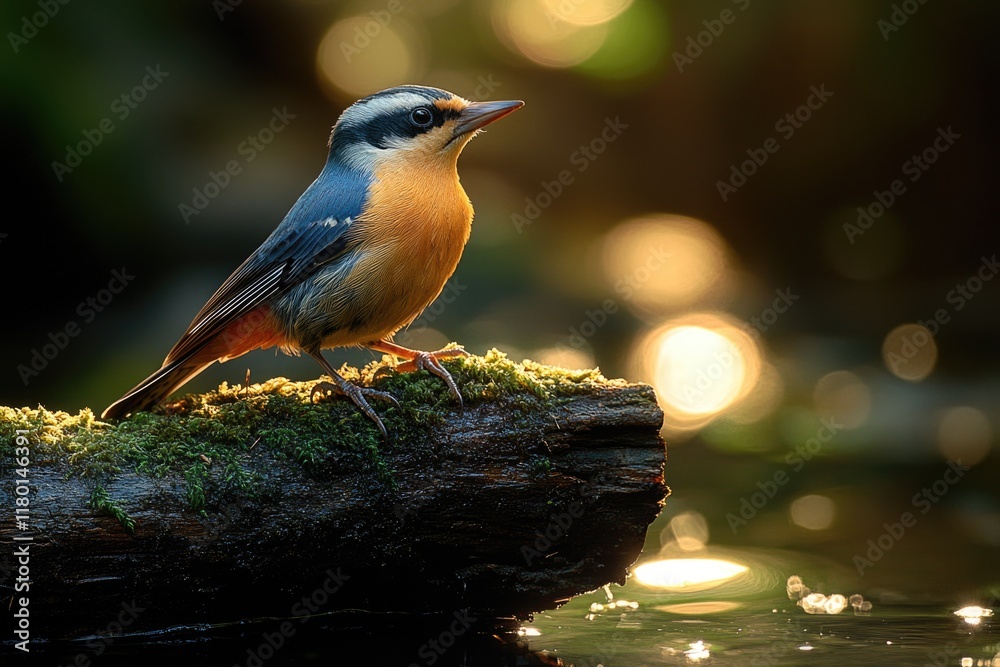 Poster a small bird perched on a moss-covered log in a natural setting