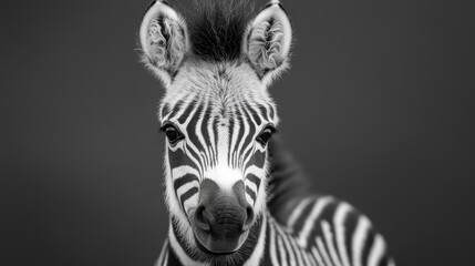 A black and white photo of a baby zebra