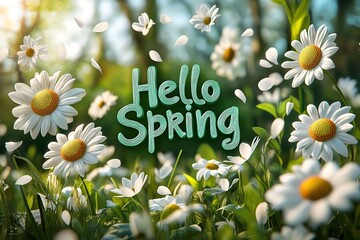 Inscription of Hello Spring with beautiful chamomile flowers on blurred nature background