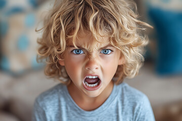 A child with an angry expression screaming, showcasing intense emotions and raw energy in a realistic and relatable scene.