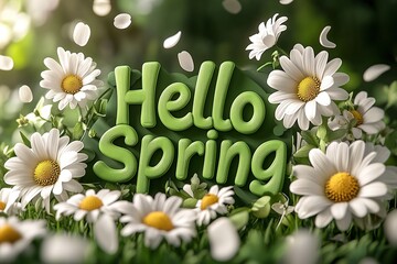 Inscription of Hello Spring with beautiful chamomile flowers on blurred nature background