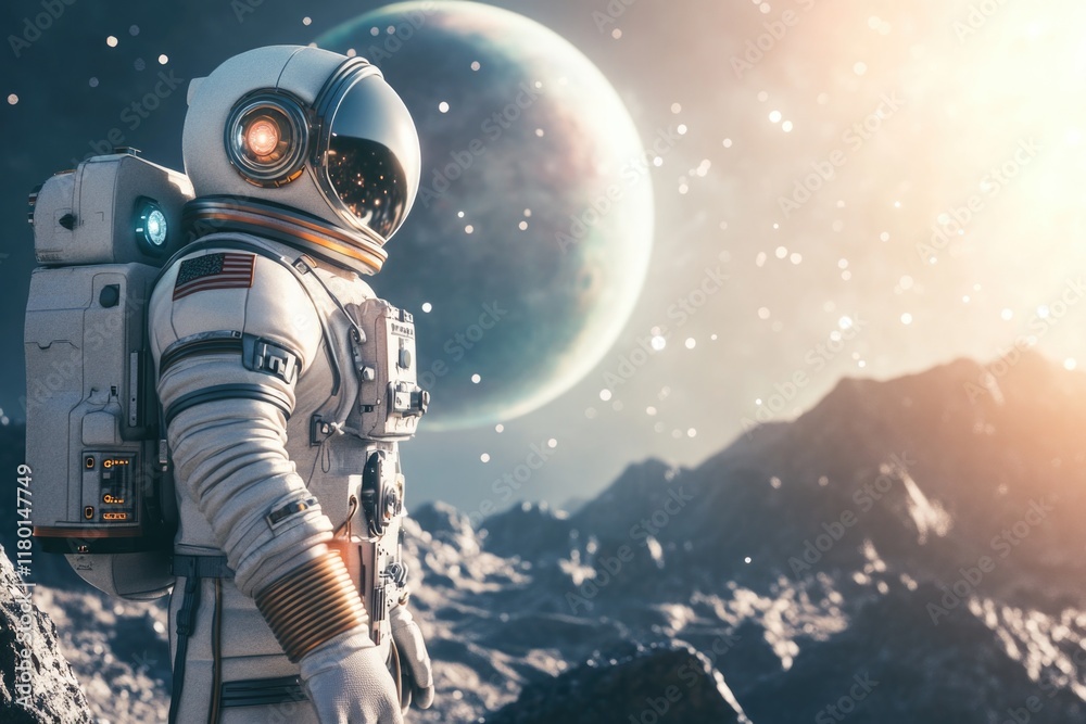 Poster An astronaut stands on the surface of a distant planet, wearing a spacesuit and exploring the alien landscape