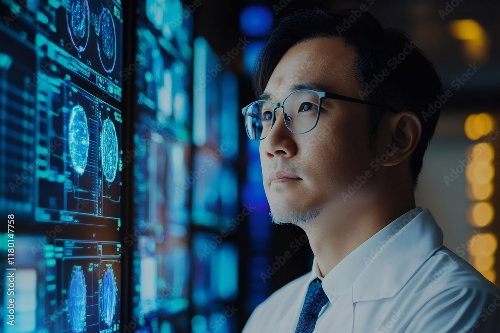 Poster Medical doctor analyzing brain scans on multiple computer screens