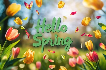 Inscription of Hello Spring with beautiful tulip flowers on blurred nature background