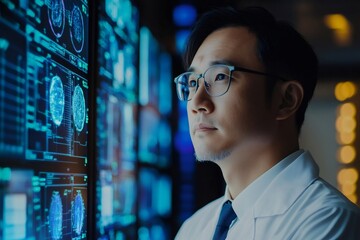 Medical doctor analyzing brain scans on multiple computer screens