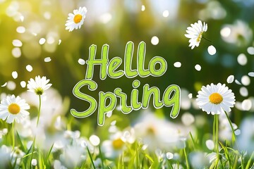 Inscription of Hello Spring with beautiful chamomile flowers on blurred nature background