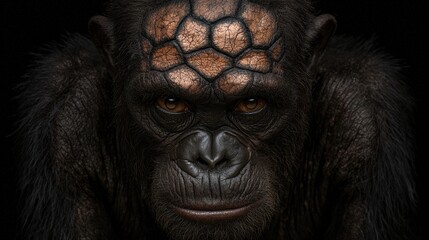  A close up of a chimpanzee's face with a black background