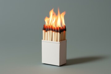 Numerous matches simultaneously ignite, creating a substantial flame emerging from a matchbox set against a gray backdrop