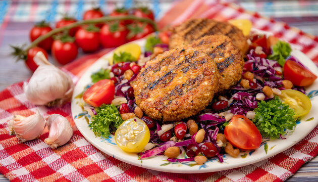 bulgur, bratlinge, essen, neu, auf, salat, veggie, vegan, gericht, mahlzeit, mahl, teller, frikadelle, patty, egeanes, vegetarisch, mit, rotkohl, und, bunter, dip, tzaztiki, essgeschirr, abendessen