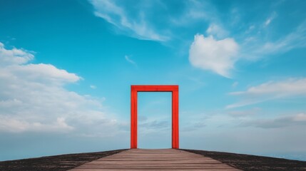 Red frame doorway on wooden path leading to blue sky.