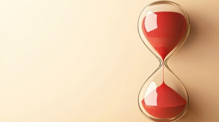 A glass hourglass filled with red sand on a light background.