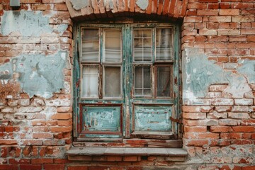  Red brick wall with old wooden window in russian city. Detailed photo textured background