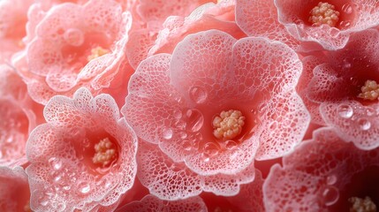 Pink Blossom Dew Drops: A Close-Up Macro Photograph of Delicate Pink Flowers with Sparkling Dew Drops.  A Stunning Floral Image Perfect for Spring or Summer Themes. 