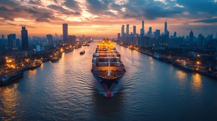 Fototapeta premium Container ship sailing on river at sunset in modern city