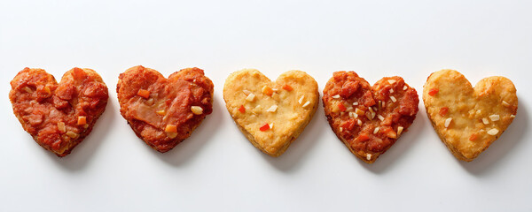 Heart-shaped nuggets arranged in a row showcasing different flavors and textures in a minimalist setting. Valentine’s Day idea, date, engagement party, love party, eat, food