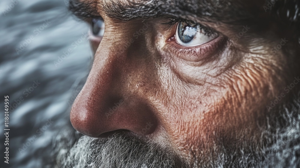 Poster a close-up shot of a bearded man, ideal for use in editorial or commercial contexts where a strong m