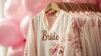 A set of wedding robe with the word "Bride" printed on, hanging in front of pink balloons. A pretty blush blossom color scheme for an elegant and stylish look