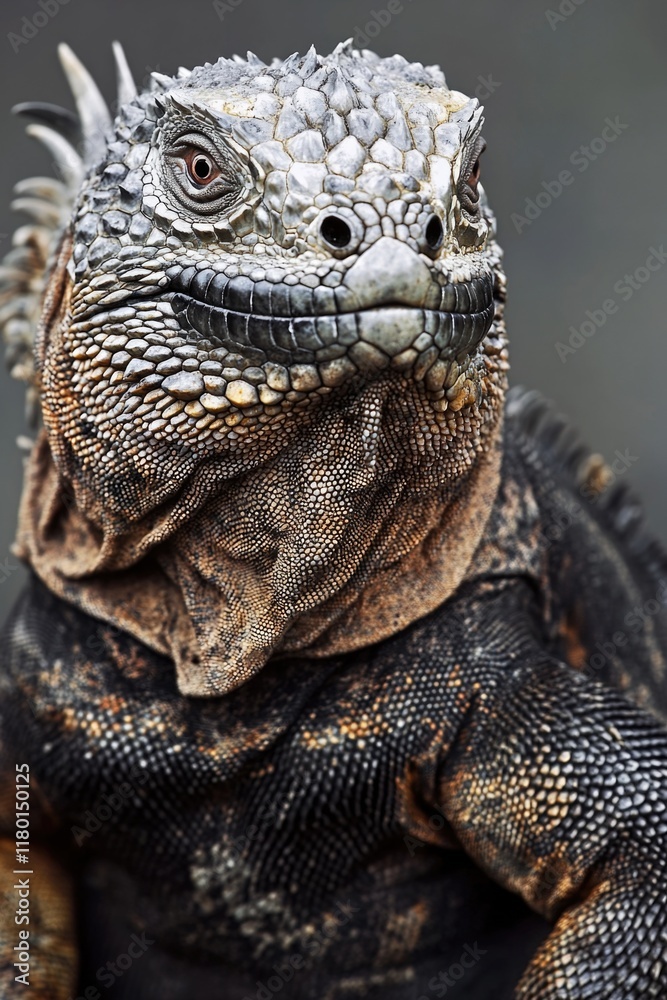 Poster close-up shot of a lizard's head and neck, featuring its scaly skin and sharp features
