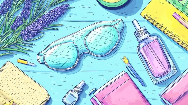 Colorful flat lay of bedtime essentials journal eye mask diffuser lavender spray