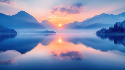 Fototapeta premium A serene and peaceful landscape of a calm lake surrounded by mountains at sunrise, with soft pastel colors in the sky